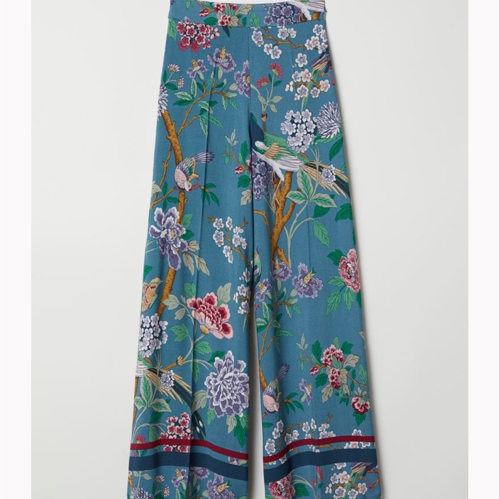 Wide leg floral & bird pants